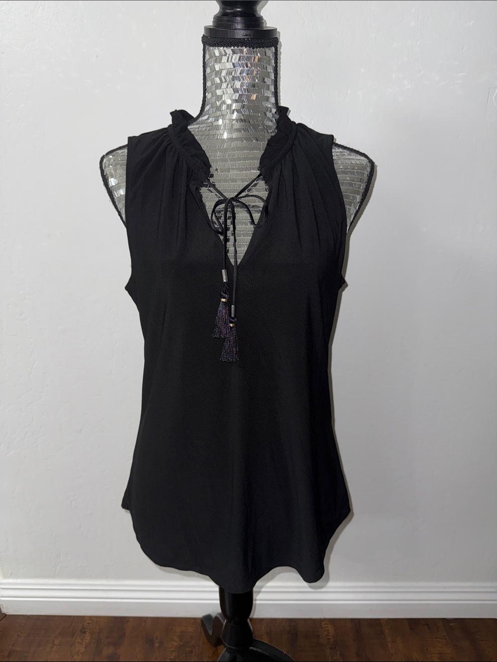 White House Black Market Black Ruffle V-Neck Tassel Tie Camisole